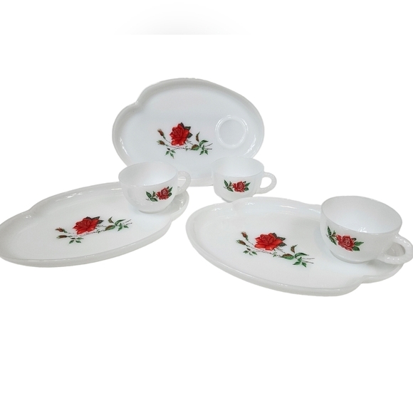 Vintage 6 Piece Federal Milk Glass Rosecrest Snack Tray Set Tea Party Hostess - Picture 12 of 12